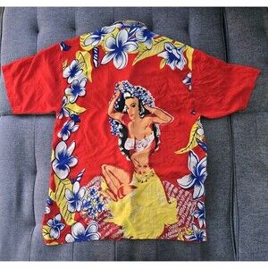 Vintage Avanti Hawaiian Shirt Men’s XL 100% Silk Hula Girl Red Bright Tropical